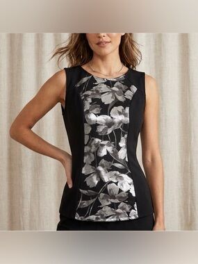 Rickis Black Metallic Silver Floral Sleeveless Fitted Shell Tank Top Size S